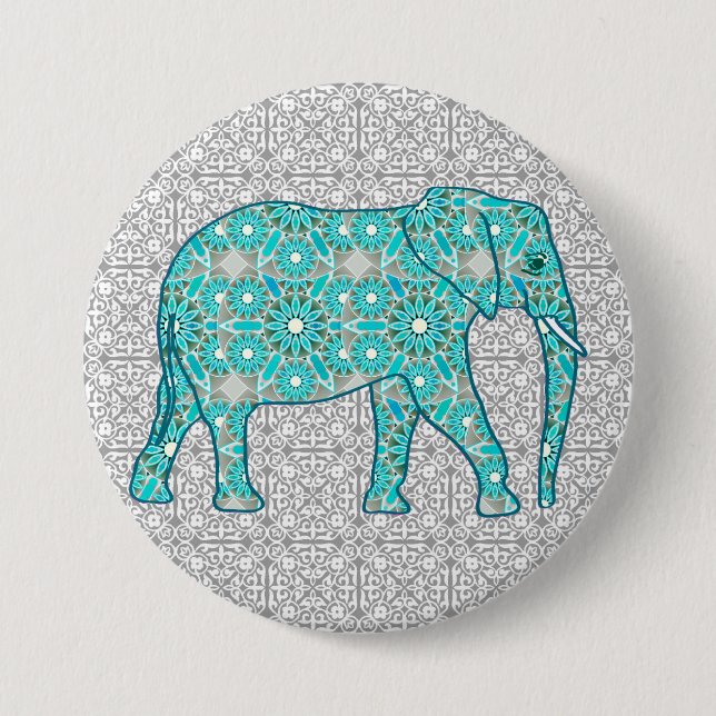 Mandala-blomelefant - turkos, grått och vitt knapp (Framsida)