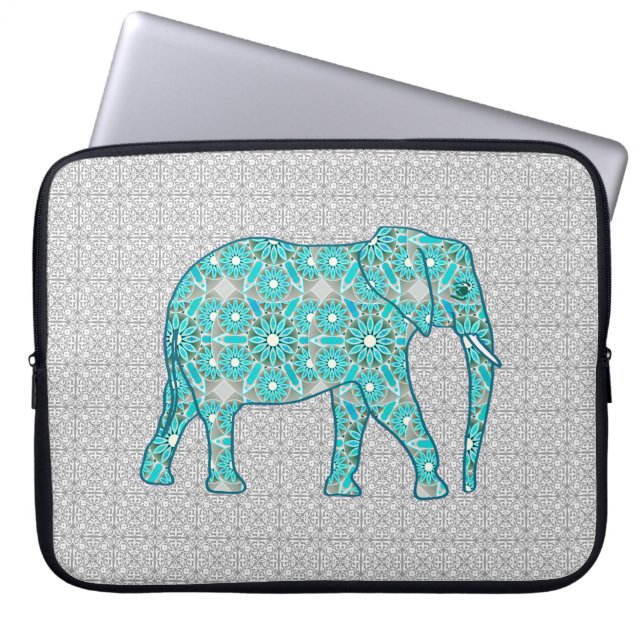 Mandala-blomelefant - turkos, grått och vitt laptop sleeve (Framsidan)