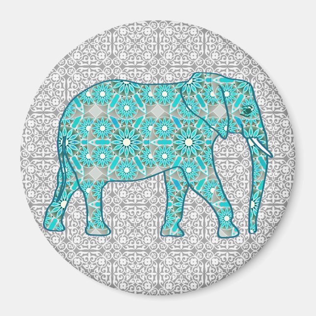 Mandala-blomelefant - turkos, grått och vitt magnet (Framsidan)