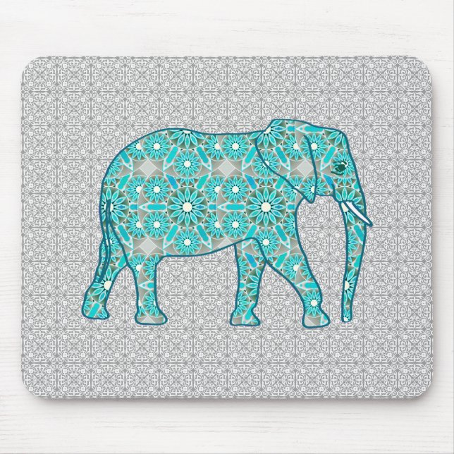 Mandala-blomelefant - turkos, grått och vitt musmatta (Framsidan)