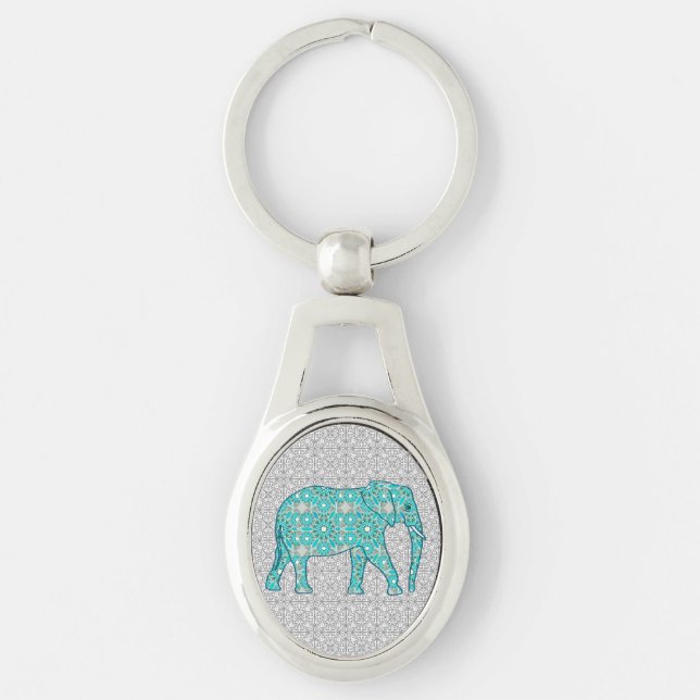 Mandala-blomelefant - turkos, grått och vitt ovalt silverfärgad nyckelring (Framsidan)