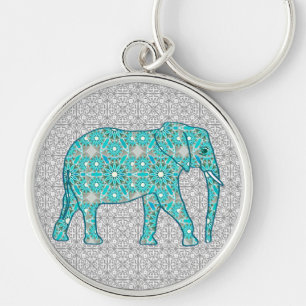 Mandala-blomelefant - turkos, grått och vitt rund silverfärgad nyckelring