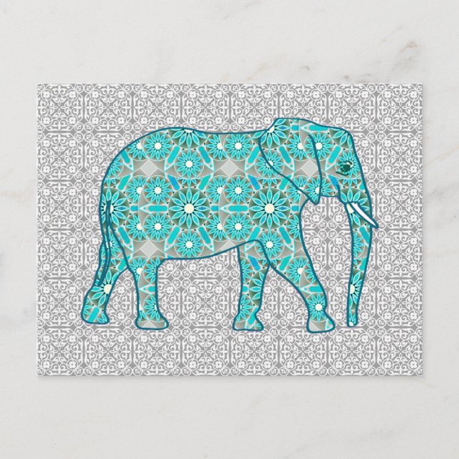 Mandala-blomelefant - turkos, grått och vitt vykort (Framsida)