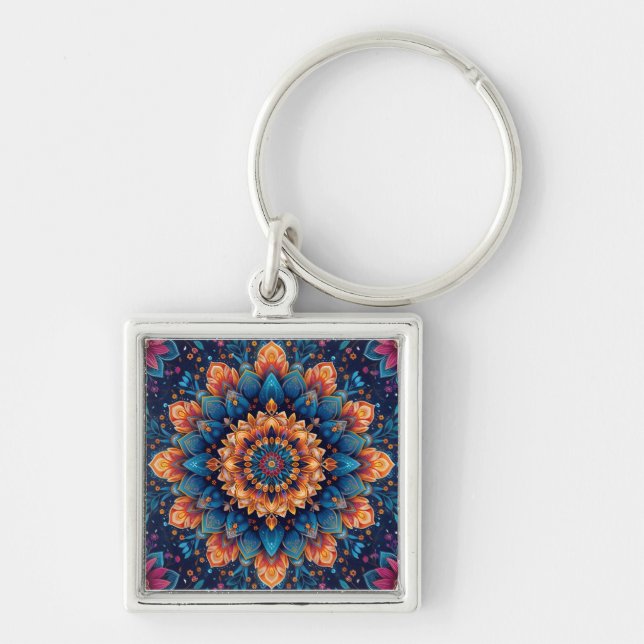 Mandala blomma Digital konst stil-23907 Fyrkantig Silverfärgad Nyckelring (Framsidan)