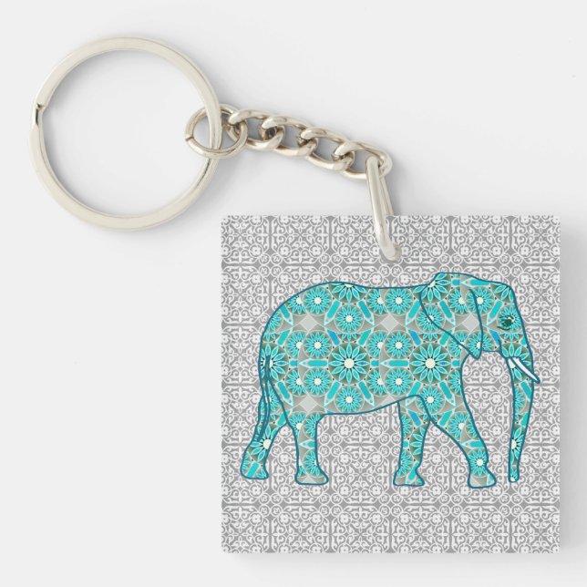 Mandala blomma elefant - turkos, grå & vit (Framsidan)