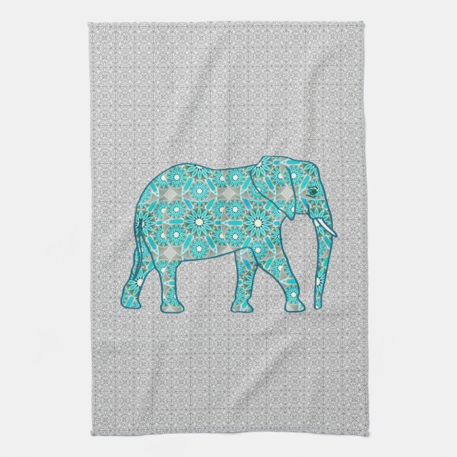 Mandala blomma elefant - turkos, grå & vit kökshandduk (Vertikal)