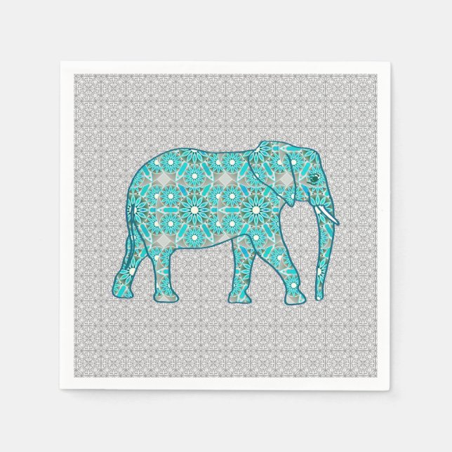 Mandala blomma elefant - turkos, grå & vit pappersservett (Framsidan)