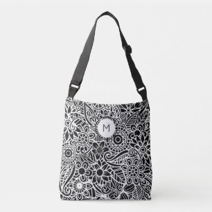 Mandala Blommig Monogram Initial Svart Vit  Axelväska