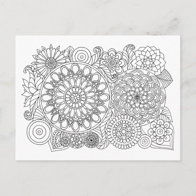 Mandala Blommigt Bouquet Vuxen Coloring Vykort (Framsida)