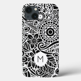 Mandala Blommigt Modern Monogram INITIAL Black Whi
