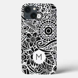 Mandala Blommigt Modern Monogram INITIAL Black Whi