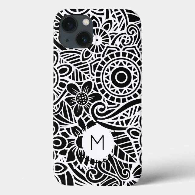 Mandala Blommigt Modern Monogram INITIAL Black Whi (Baksida)