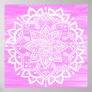 Mandala Blommigt Rosa White Watercolor Poster