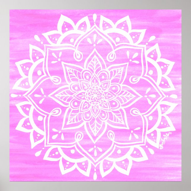Mandala Blommigt Rosa White Watercolor Poster (Framsidan)