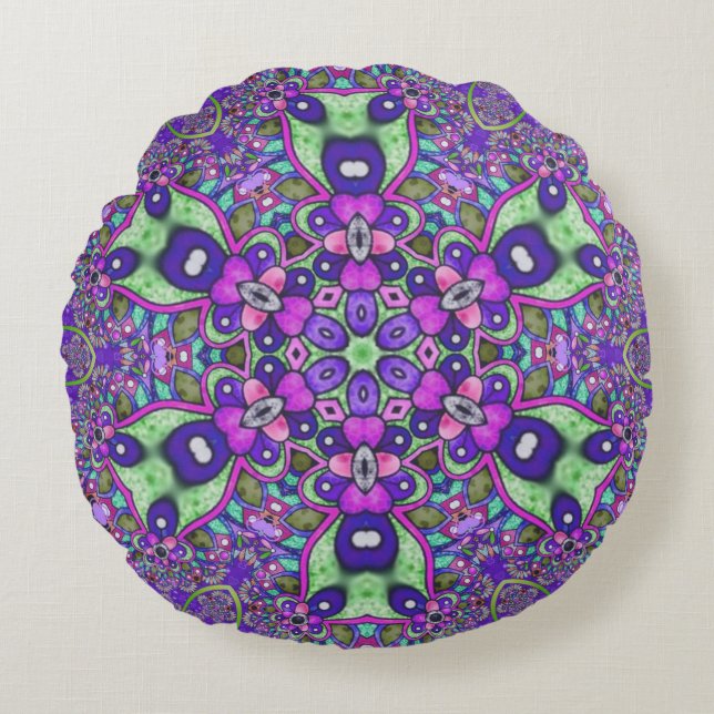 Mandala Blommor Rund Kudde (Framsidan)