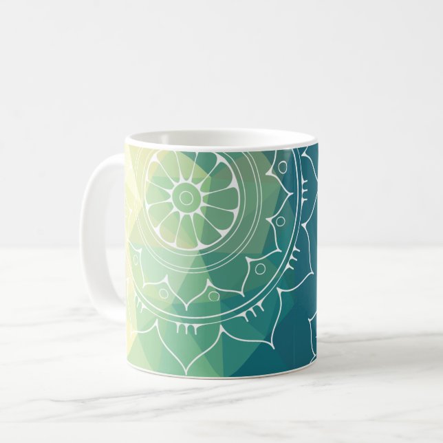 Mandala blue grönt gult boho kaffemugg (Framsida vänster)