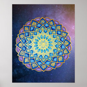Mandala Blue Lila Golden Flower Galaxy Poster