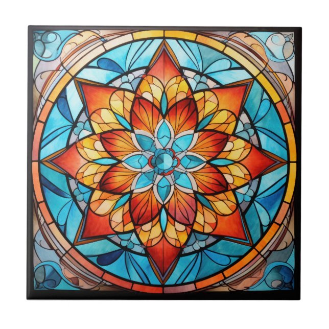 Mandala Blue och Orange Ceramic Tile Kakelplatta (Framsidan)