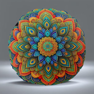 Mandala Blue Teal Colorful Illustration Rund Kudde