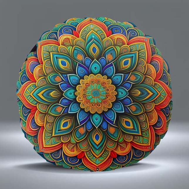 Mandala Blue Teal Colorful Illustration Rund Kudde (Skapare uppladdad)