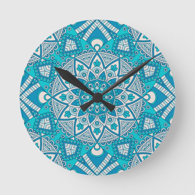 Mandala blue tile mönster rund klocka (Framsida)