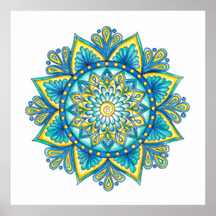 Mandala Blue Turcos Gult Watercolor Poster