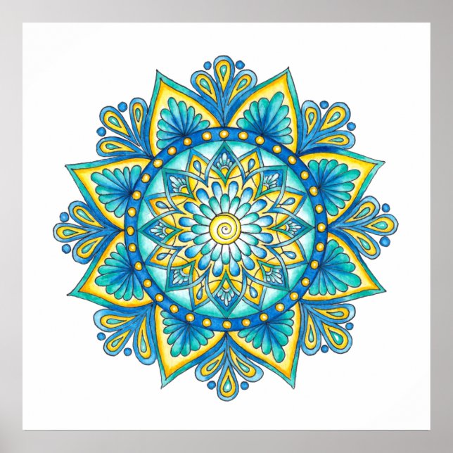 Mandala Blue Turcos Gult Watercolor Poster (Framsidan)