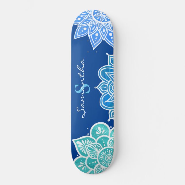 Mandala Blue White Turcos Monogram Mini Skateboard Bräda 18,5 Cm (Framsida)