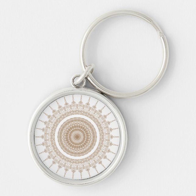 Mandala Bohemian White Rund Silverfärgad Nyckelring (Framsidan)