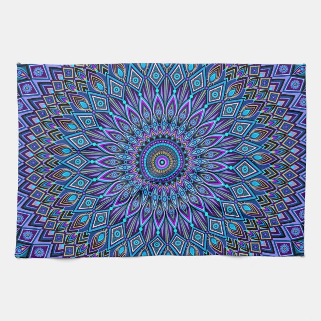 Mandala Boho Blue Teal Lila Peacock Colorful Kökshandduk (Horisontell)