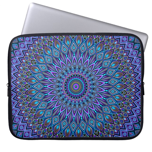 Mandala Boho Blue Teal Lila Peacock Guld Vibrant Laptop Fodral (Framsidan)