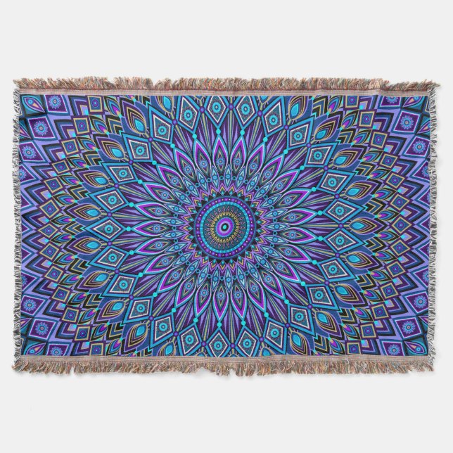 Mandala Boho Blue Teal Lila Peacock Oriental Filt (Framsidan)