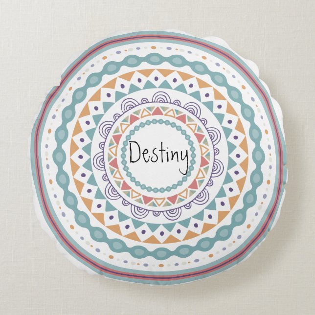Mandala Boho Customize Namn Rund Kudde (Framsidan)