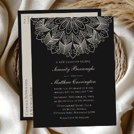 Mandala Boho indisk Elegant Black Bröllop cinati Inbjudan Vykort