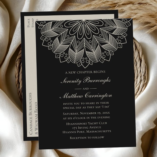 Mandala Boho indisk Elegant Black Bröllop cinati Inbjudan Vykort (Skapare uppladdad)