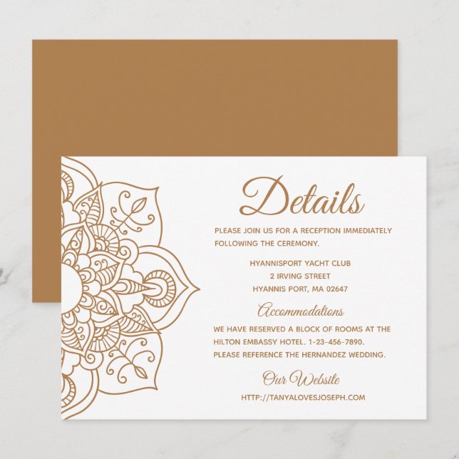 Mandala Bröllop Detaljer Brown Boho Indian Modern Inbjudningar (Fram/baksida)