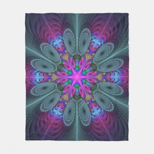 Mandala Colorful Striking Fractal Art Kaleidoscope Fleecefilt (Framsidan)