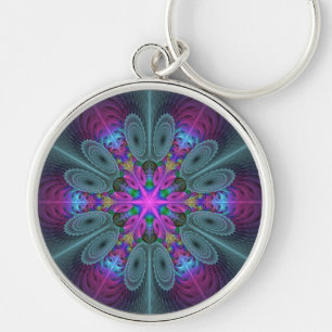 Mandala Colorful Striking Fractal Art Kaleidoscope Rund Silverfärgad Nyckelring
