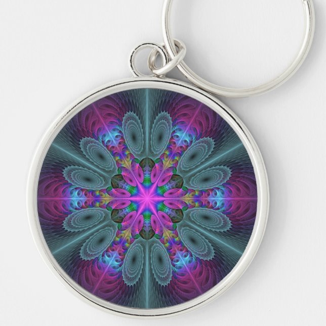 Mandala Colorful Striking Fractal Art Kaleidoscope Rund Silverfärgad Nyckelring (Framsidan)