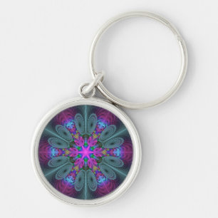 Mandala Colorful Striking Fractal Art Kaleidoscope Rund Silverfärgad Nyckelring