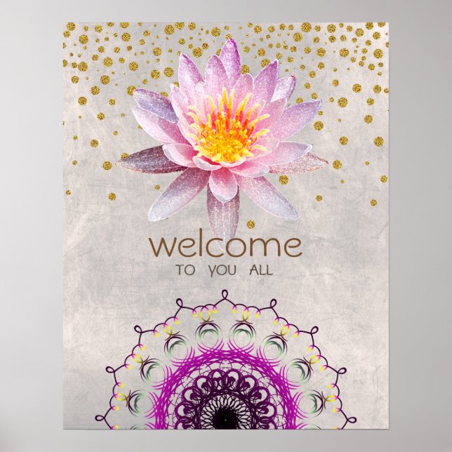 Mandala Damask Lotus Välkommen Yoga Meditation Poster (Framsidan)