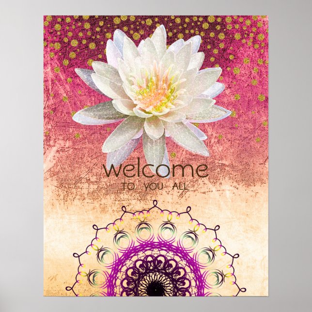 Mandala Damask Lotus Välkommen Yoga Meditation Poster (Framsidan)