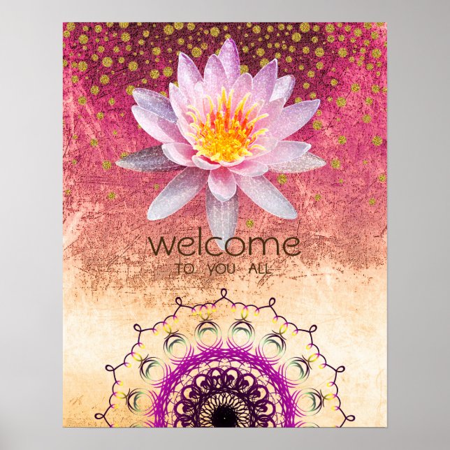 Mandala Damask Lotus Välkommen Yoga Meditation Poster (Framsidan)
