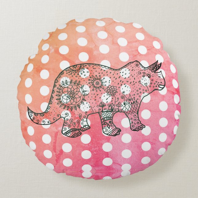 Mandala dinosaur ritning & prickar rund kudde (Framsidan)