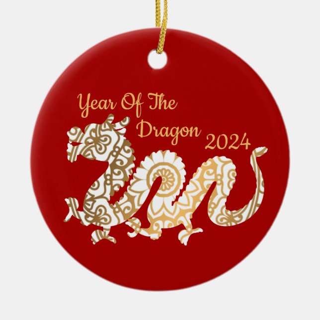 Mandala Dragon 2024 Kinesiskt nyårsrött Julgransprydnad Keramik (Framsidan)