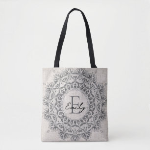 Mandala eget namn Monogram Monokrome Light Grått Tygkasse