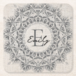 Mandala eget namn Monogram Monokrome Light Grått Underlägg Papper Kvadrat