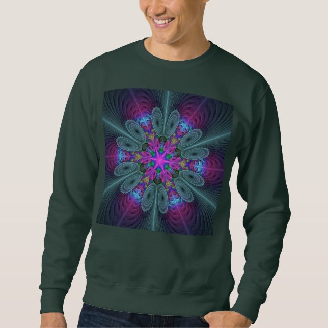 Mandala Färgrik Andlig Fraktal Konst Med Rosa Lång Ärmad Tröja (Framsida)