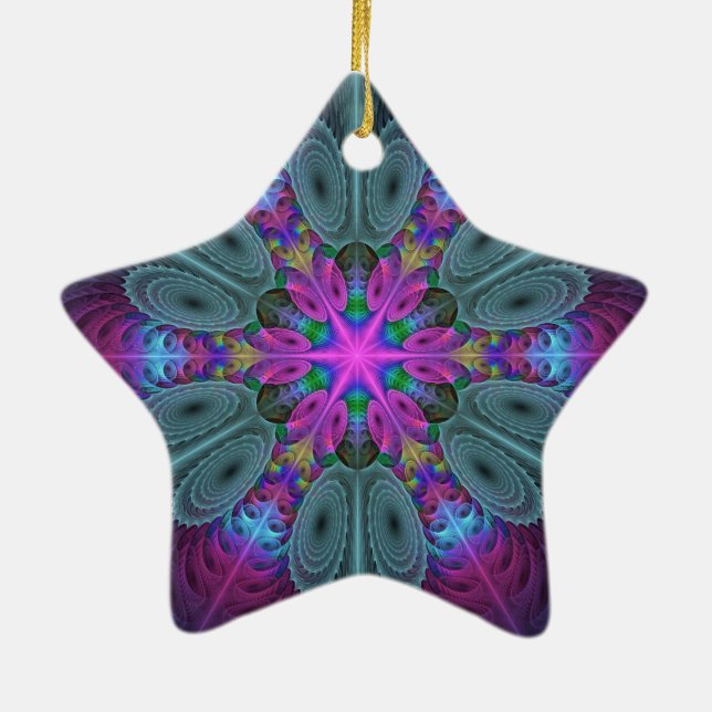 Mandala Färgrik Fraktal Konst Med Rosa Stjärna Julgransprydnad Keramik (Baksidan)