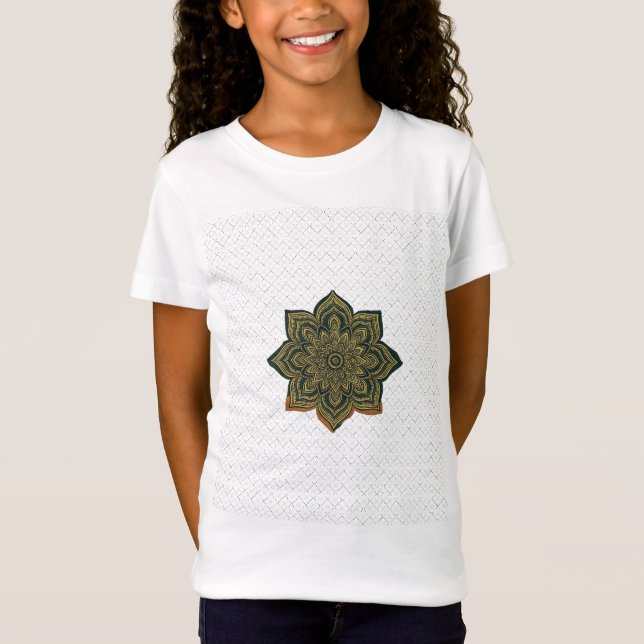 Mandala Flower Art. Grönt Guld Zen Decor T Shirt (Framsida)